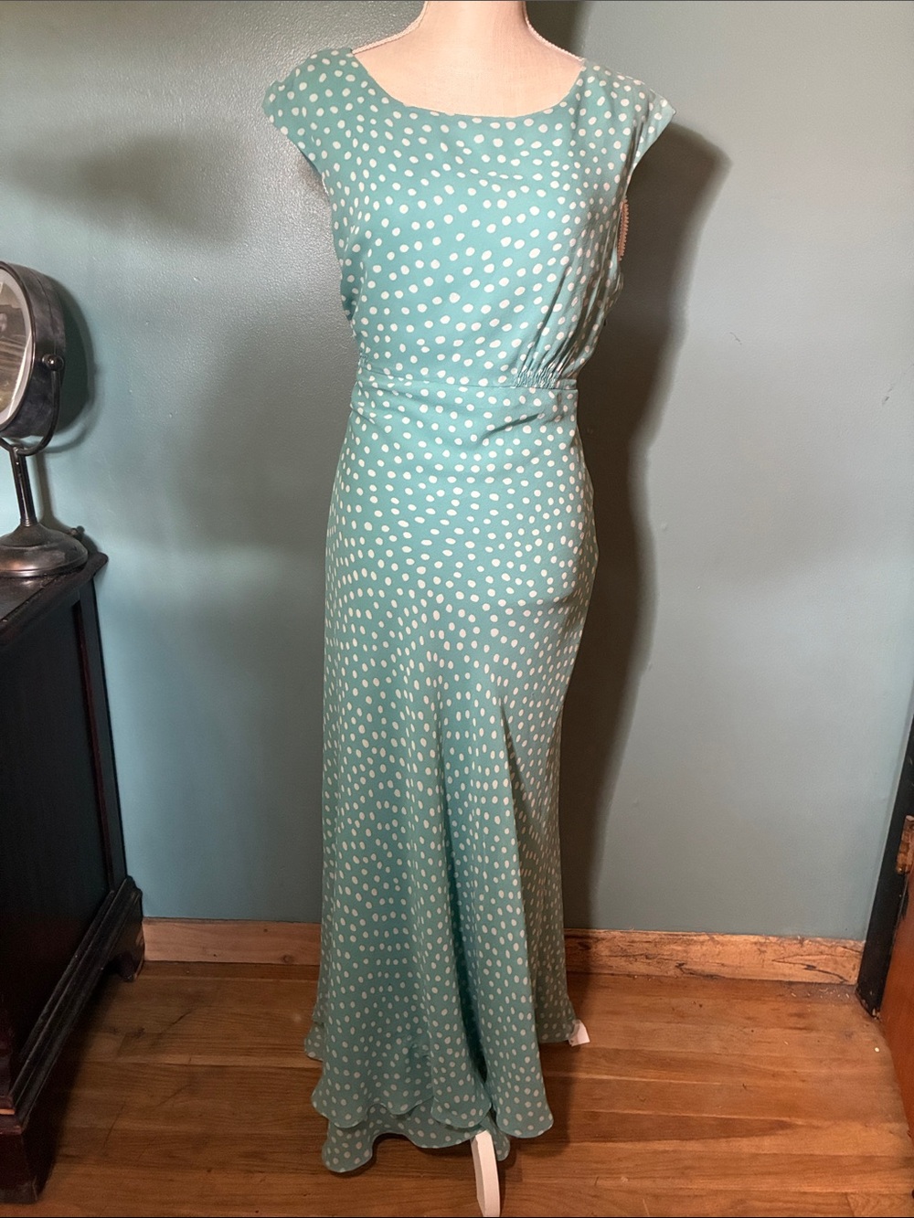 Seafoam Green Polka Dot Maxi Dress with Cap Sleeves